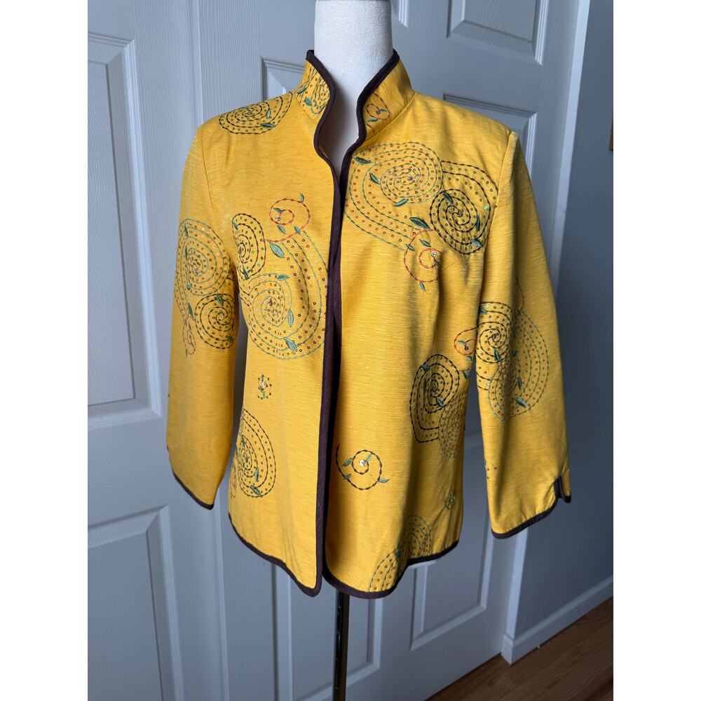 Silk Land Yellow Embroidered Sequin Open Front Jacket Size Large Wearable Art‎